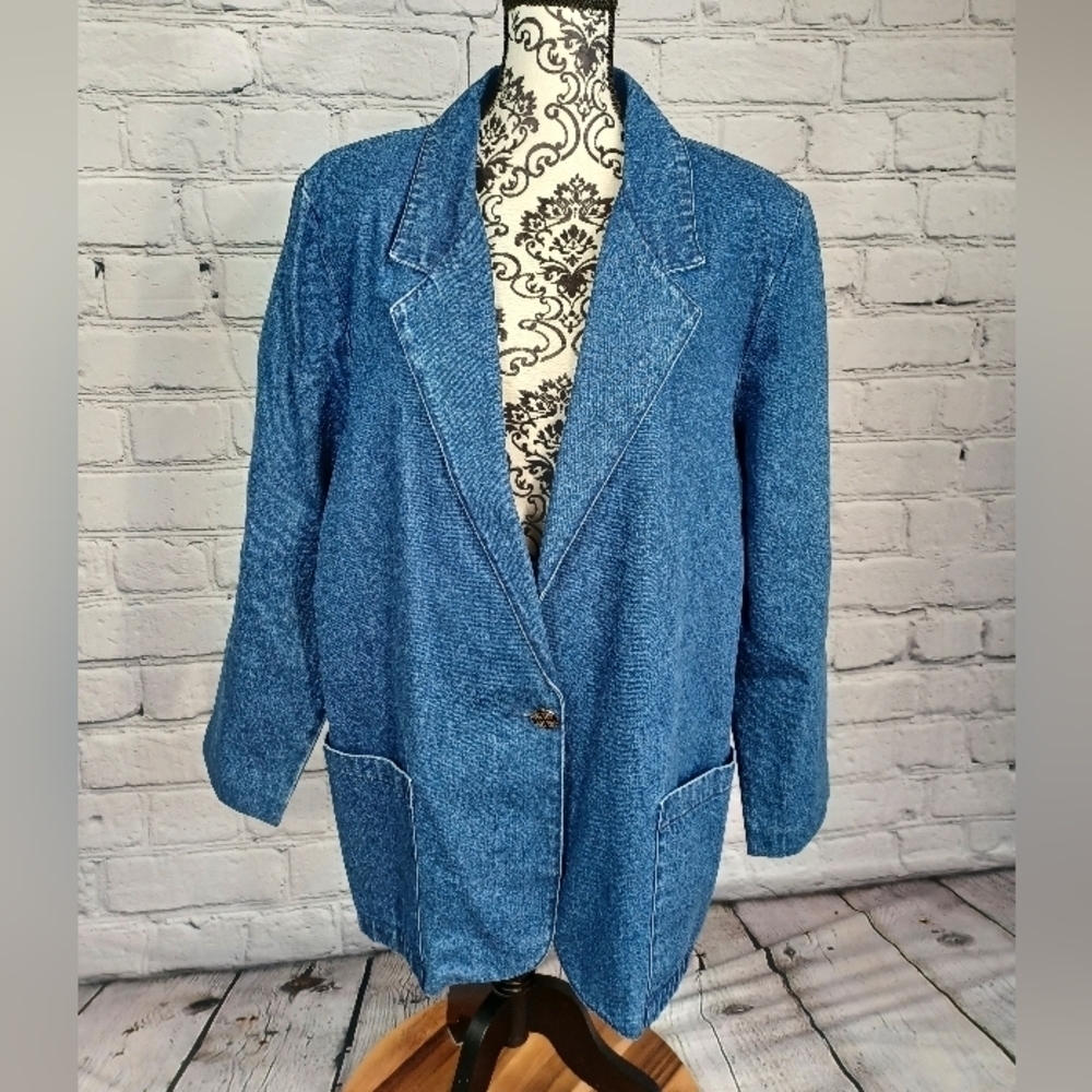 Joanna women's button front long sleeve blue jean jacket pockets size xl bb10